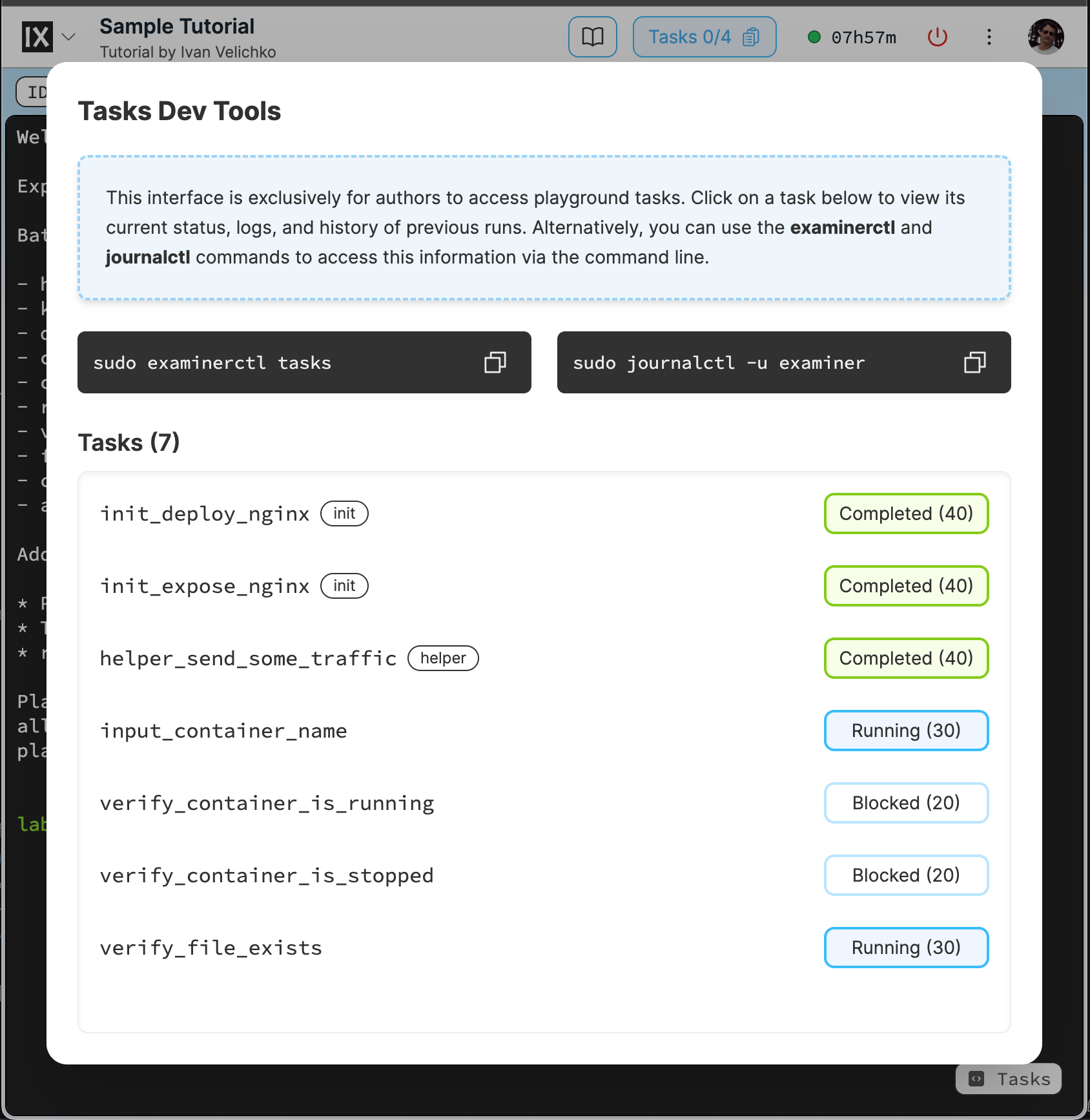 Tasks Dev Tools UI (available only to content authors).
